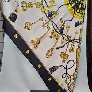 HERMES Carré Géant Scarf in Black, White, and Gold 100% Silk